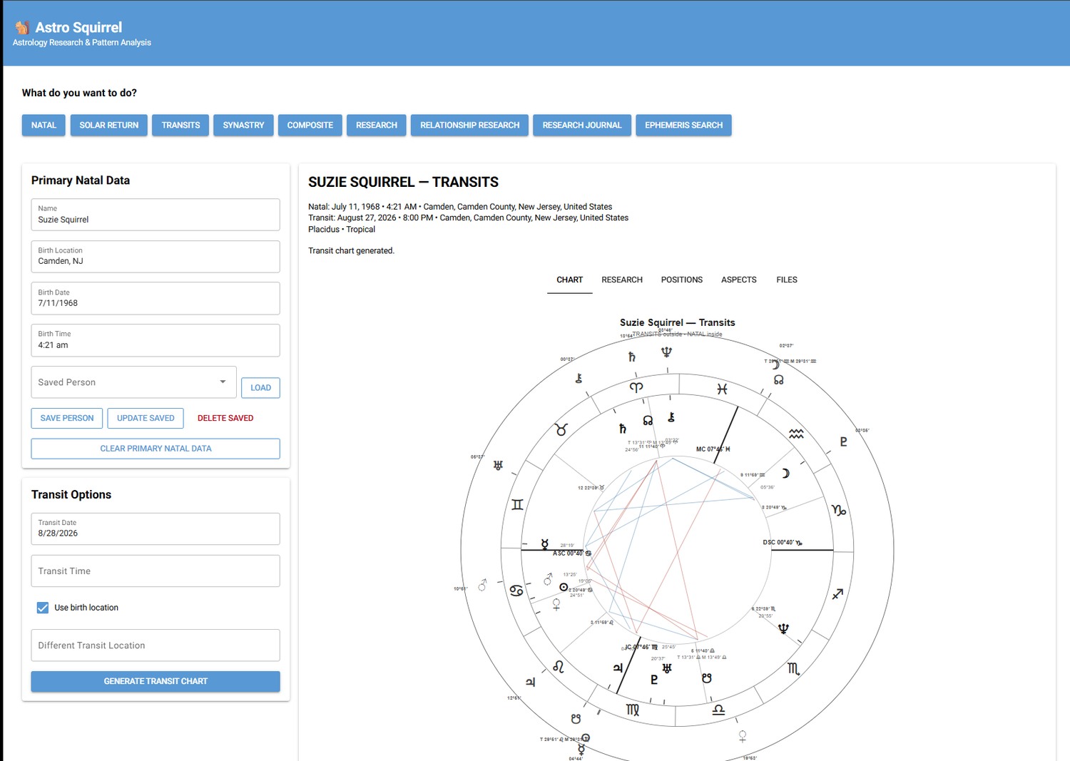 Astro Squirrel transit chart interface using demo data for Suzie Squirrel